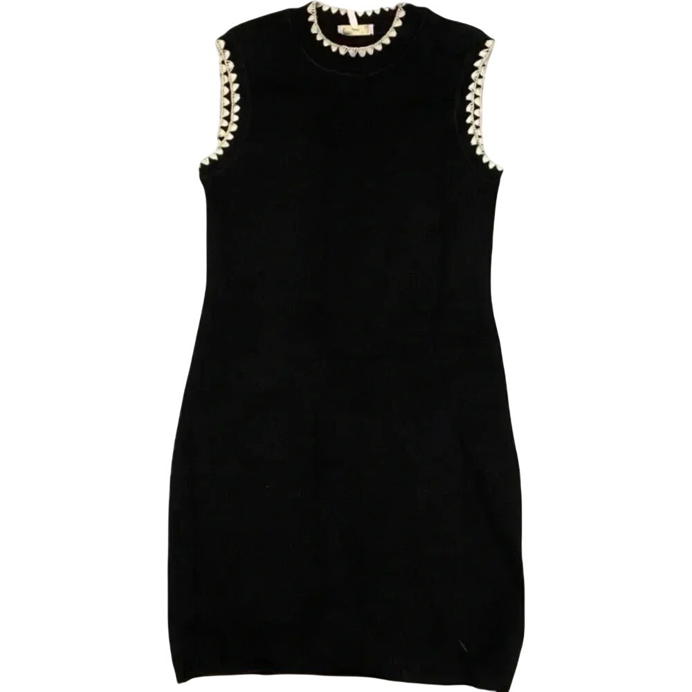 Rebecca Taylor Women's Wool Knit Black Mini Fitted Dress Crocheted Trim Sm EUC